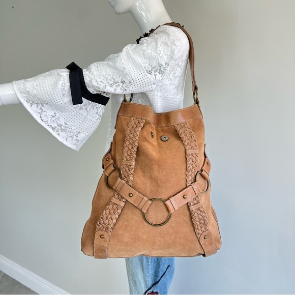 Scully Handbags - SCULLY Tan Distressed Suede Leather Front Snap Long Slouchy Shoulder Bag Tote